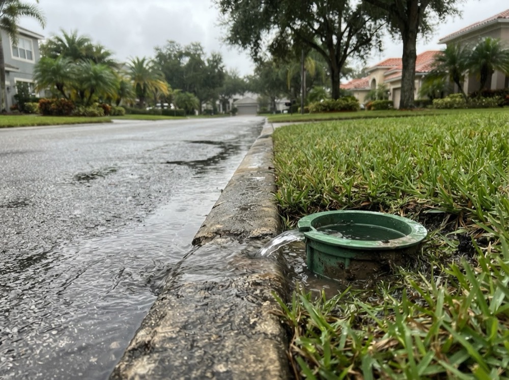 Pop-up drain emitter at the curb (illustrative image)